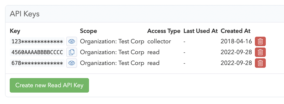 Screenshot of improved API key management