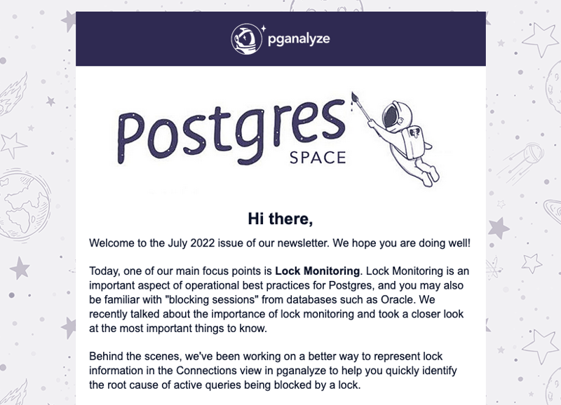 Screenshot of draft design for the new pganalyze newsletter