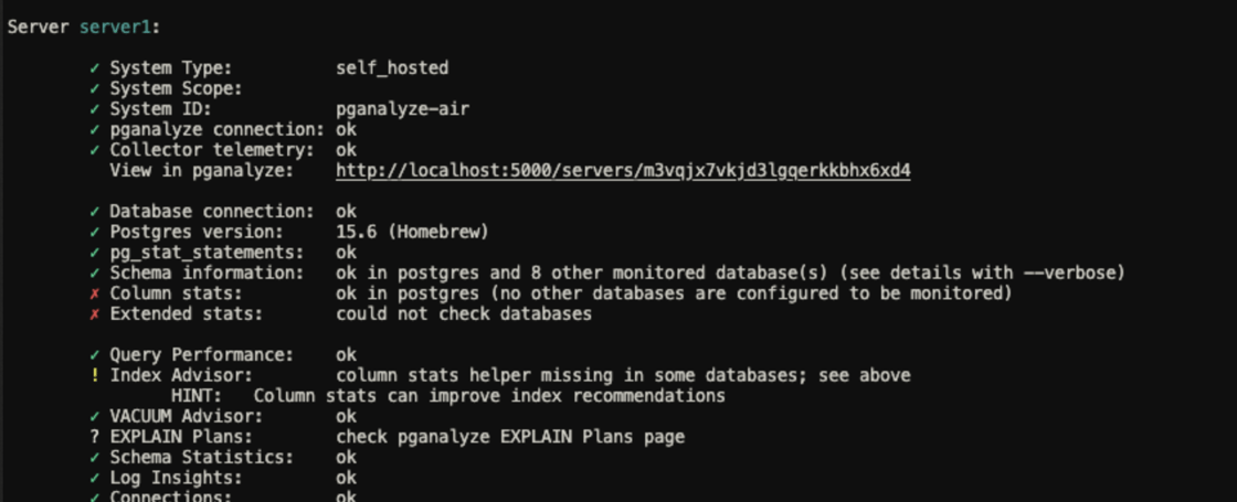Screenshot of new collector test output